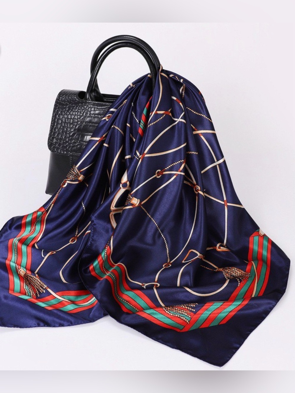 Luxury Navy Chain-Print Satin Scarf for Women
